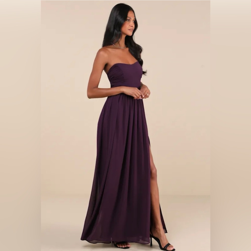 Lulus Luxe Favorite Dark Purple Strapless Ruched Maxi Dress S NWT